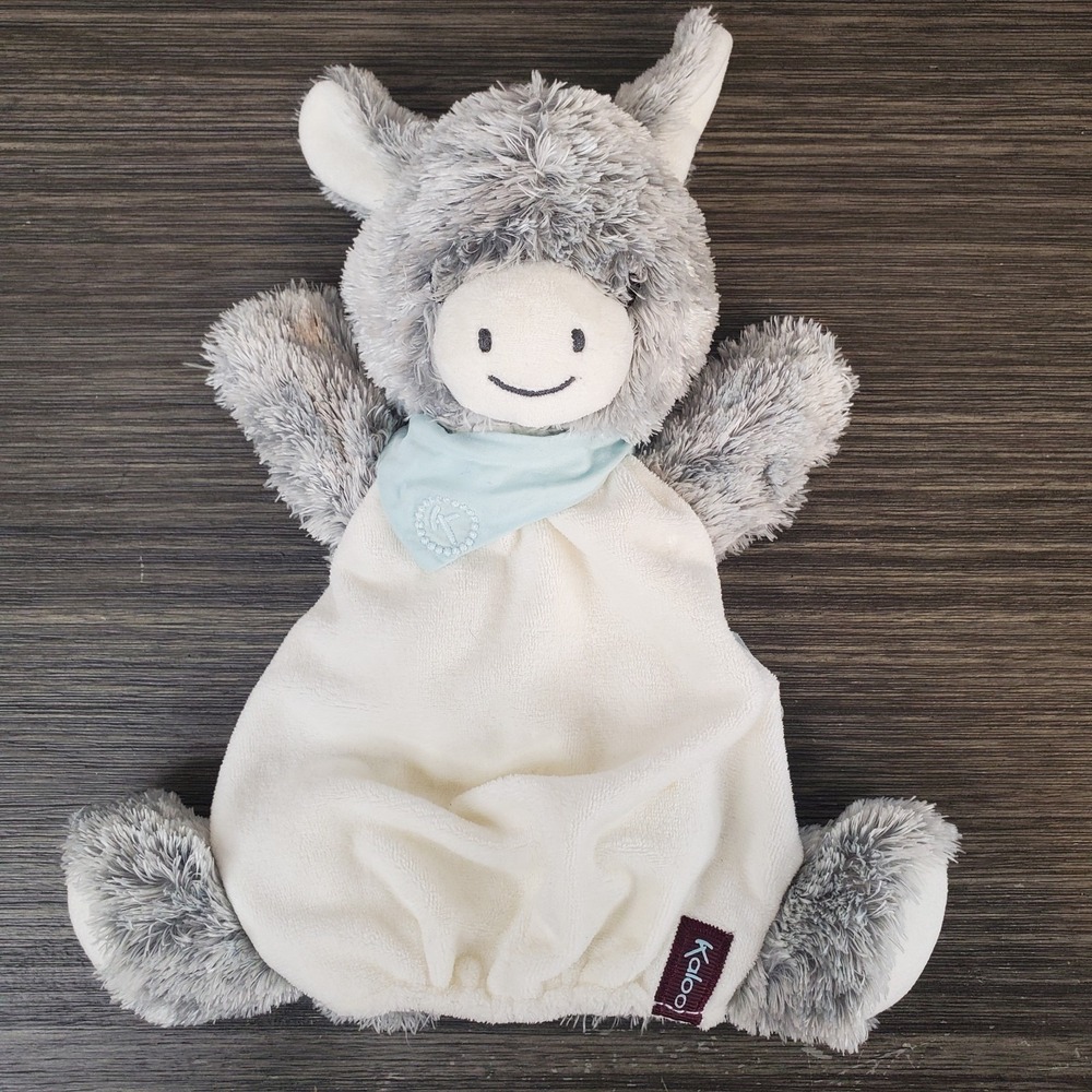 Kaloo Plush Grey Donkey Hand Puppet 10" Wearing Blue Bandana Silky Soft 2013